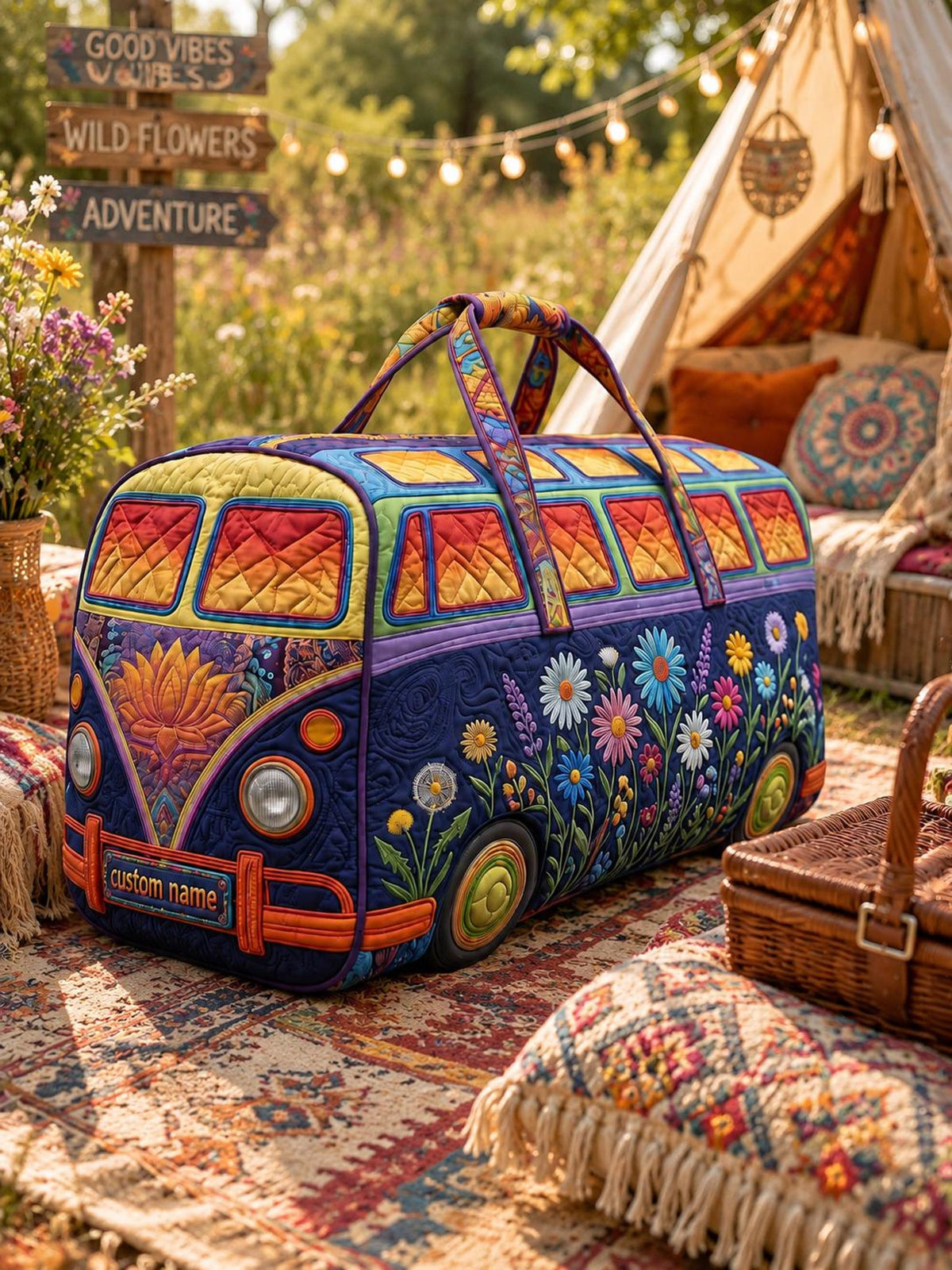 Floral Boho Personalized Quilted Duffle Bag EM07