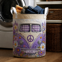 Purple Hippie Camper Van Personalized Quilted Laundry Basket 1