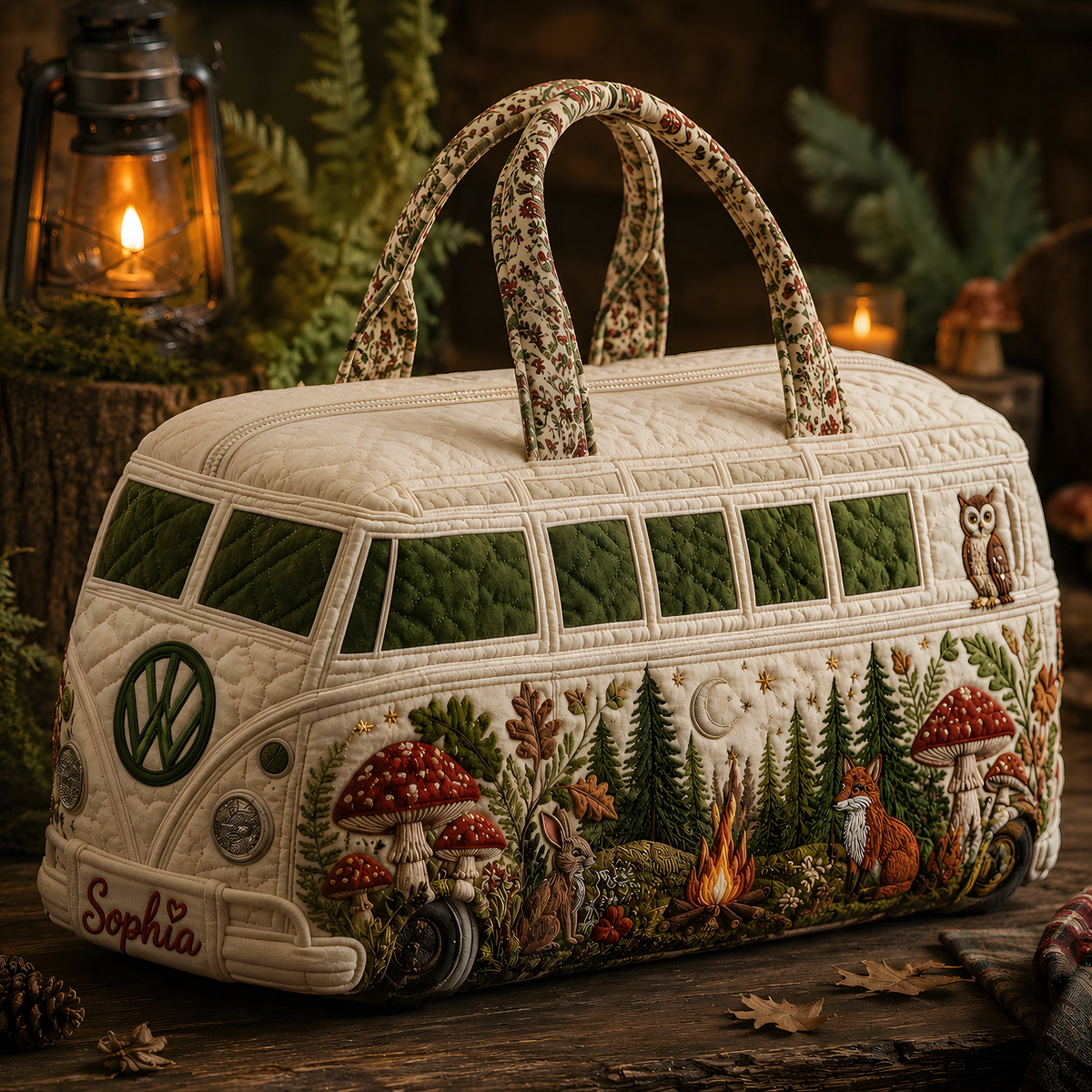 Woodland Mushroom Camper Van Personalized Quilted Duffle Bag LV05