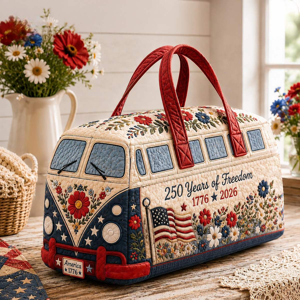 America 250 Years of Freedom Patriotic Floral Camper Van Quilted Duffle Bag LV18