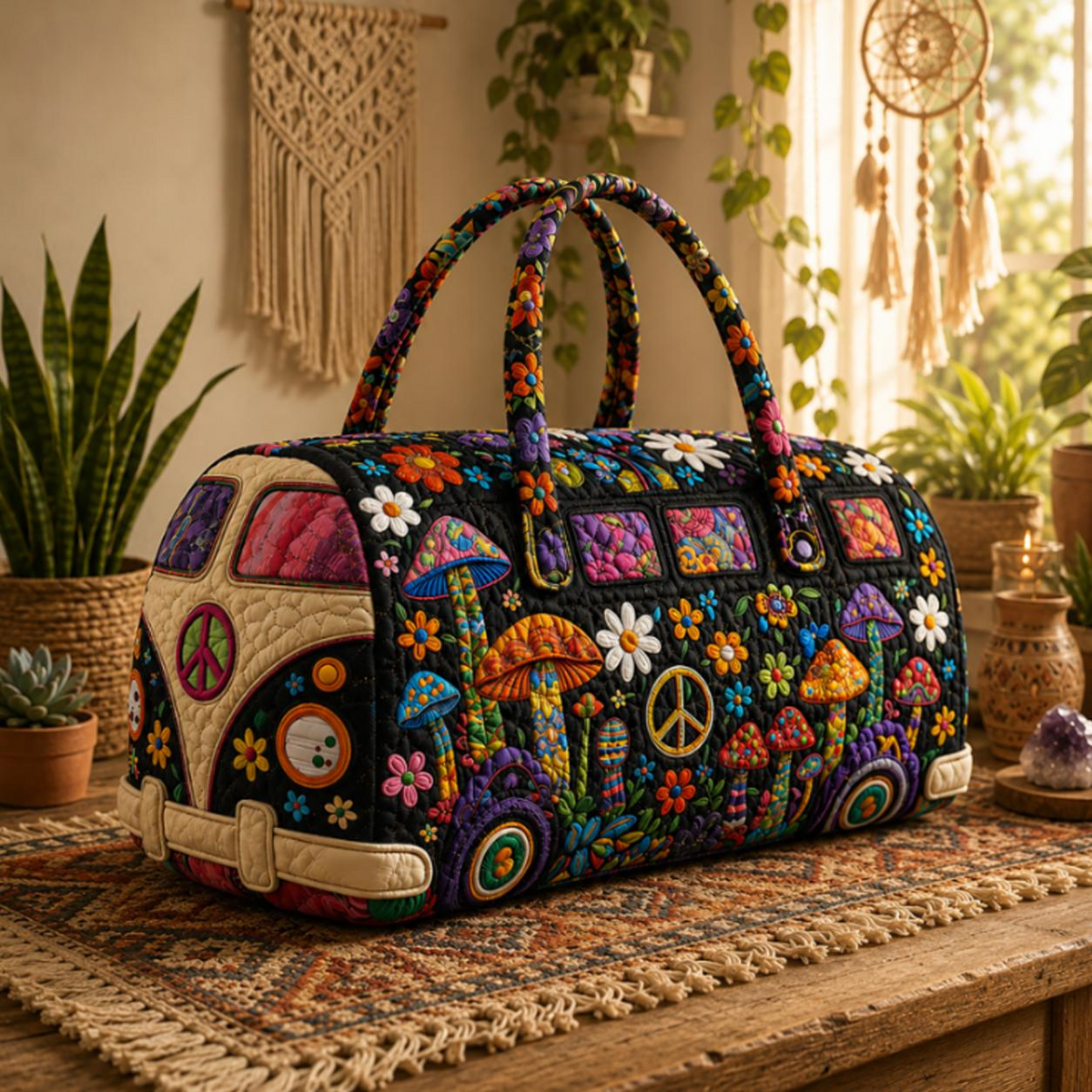 Boho Chic Flowers & Mushrooms Quilted Duffel Bag LV19
