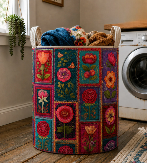 Colorful Floral Patchwork Quilted Laundry Basket