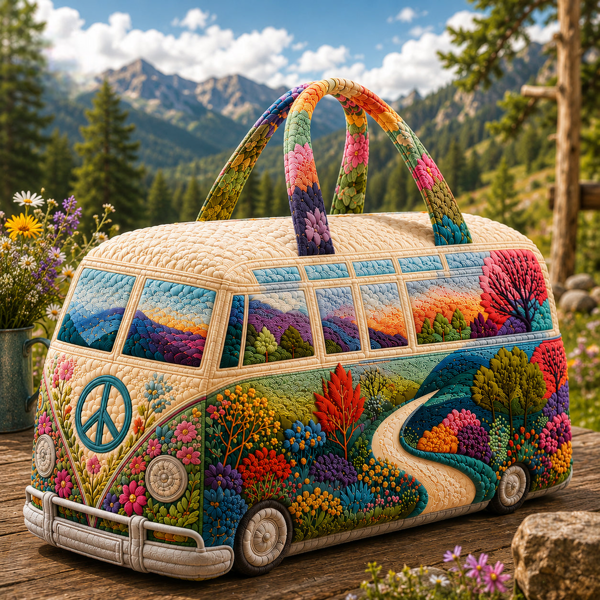 Colorful Mountain Camper Van Personalized Quilted Duffle Bag TG07
