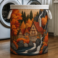 Autumn Cottage Waterfall Cabin Quilted Laundry Basket 1