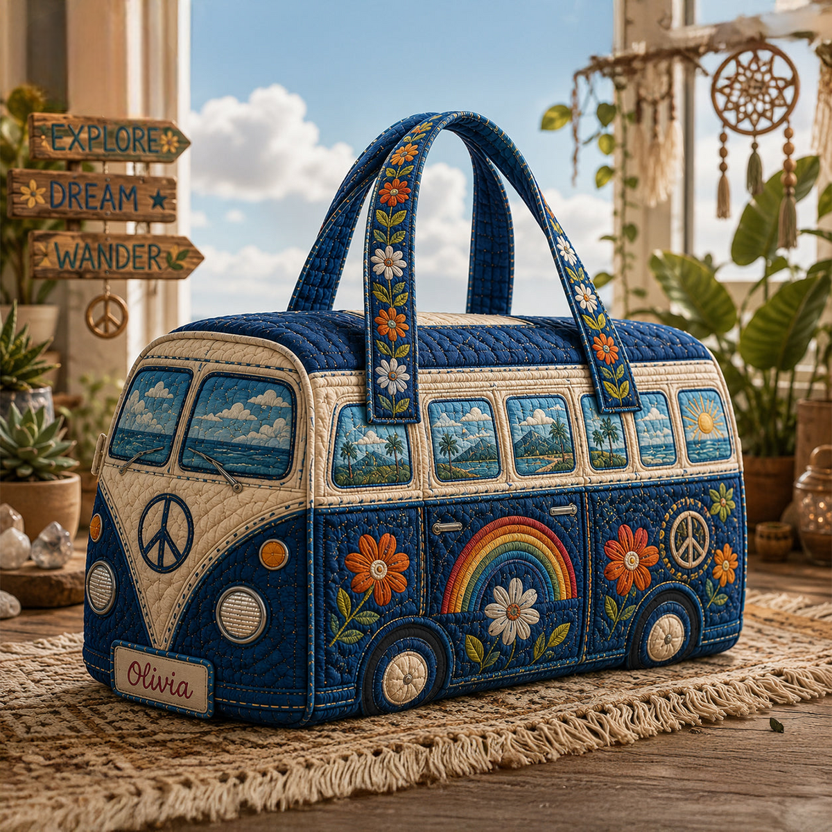 Hippie Camper Van Peace Personalized Quilted Duffle Bag TP01